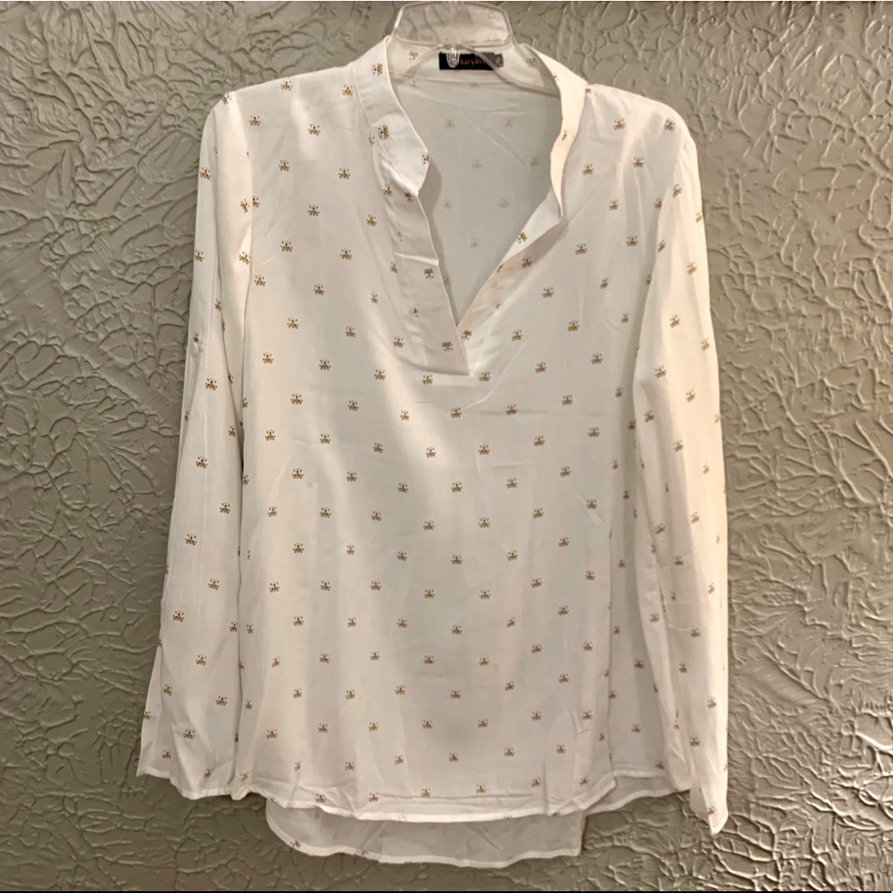 Amaryllis Women’s White Bumblebee Long Sleeve Linen Blouse Shirt Size XL